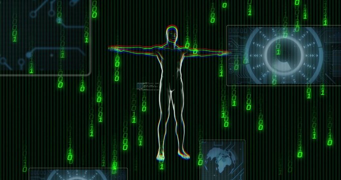 Standing glowing silhouette holding arms in T-pose on data grid, with falling binary and HUD panels