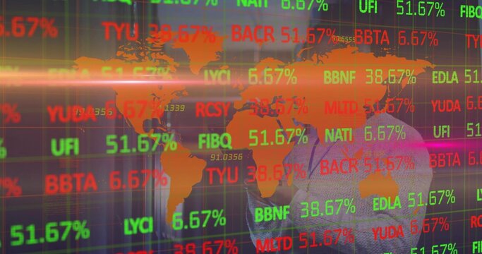 Analyzing man in business suit studying market data in trading office with tickers, copy space