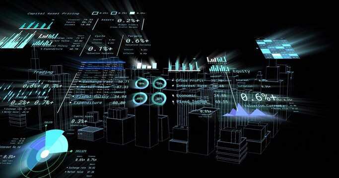 Displaying holographic 3D block cluster floating in virtual space, showing bar charts and gauges