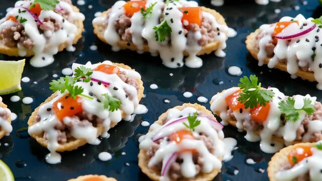 Close-up view of delicious bite-sized appetizers topped with ground meat, vegetables, and drizzled with creamy sauce, garnished with fresh herbs