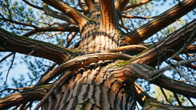 Close-up view of a towering tree trunk showcasing its textured bark and intertwining branches under a clear blue sky