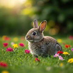 A delightful small rabbit sits peacefully amidst colorful summer blossoms and lush green grass enjoying the warm afternoon sun ,meadow ,happiness ,lagomorph