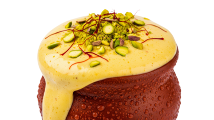 Delicious Saffron and Pistachio Dessert in Earthenware Pot