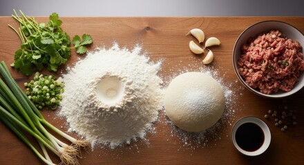 Ingredients for cooking with flour, pork, garlic, and green onions
