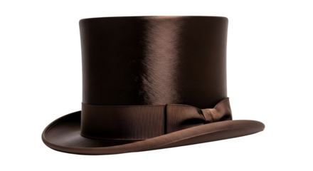 Classic victorian era dark brown silk top hat with ornate ribbon and buckle on black background
