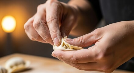 Hands shaping homemade dumpling dough in warm kitchen lighting