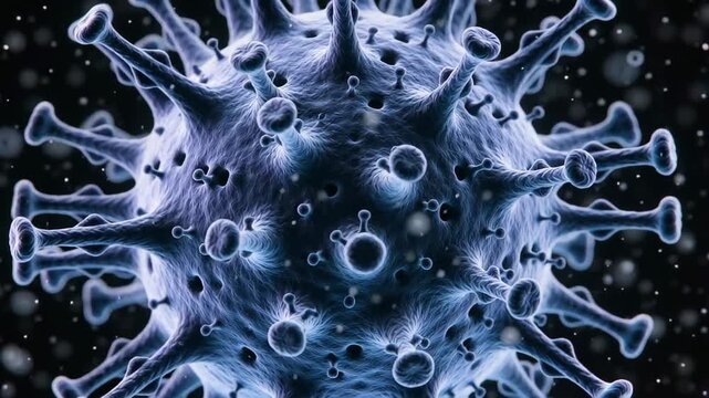 Close-up visualization of a virus structure showcasing spikes and detailed surface in a dark background