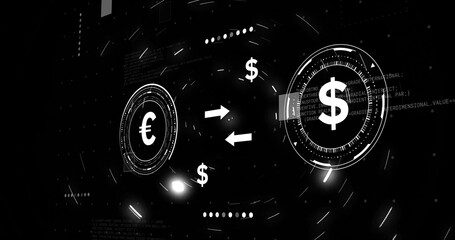 Showing central money HUDs depicting euro and dollar exchange in dark UI with two-way arrows
