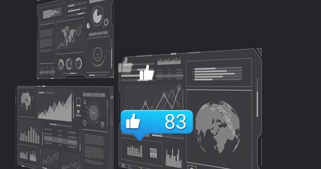 Glowing blue like bubble showing thumbs-up 83 hovering center of digital dashboard, with charts