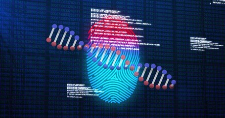 Visualizing cyan fingerprint being overlaid by DNA helix on cyber dashboard, with code panels