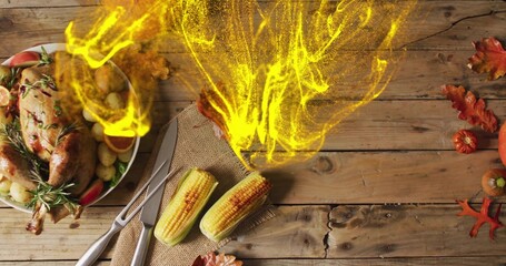 Displaying roasted chicken on platter on wood-plank table with fork, yellow-flame, copy space