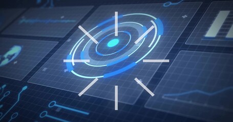 Dominating central circular holographic HUD glowing on tilted grid plane, showing graphs and map