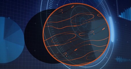Rotating orange sphere showing wavy lines over blue grid, with left pie slice, right HUD rings