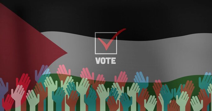 Displaying raised hands forming crowd on flag poster, with checkbox, red checkmark, VOTE