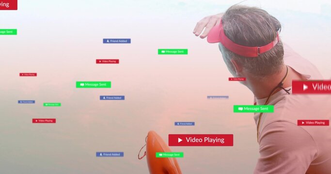 Shading man in red visor pink shirt holding lifebuoy on pastel sky with notifications, copy space