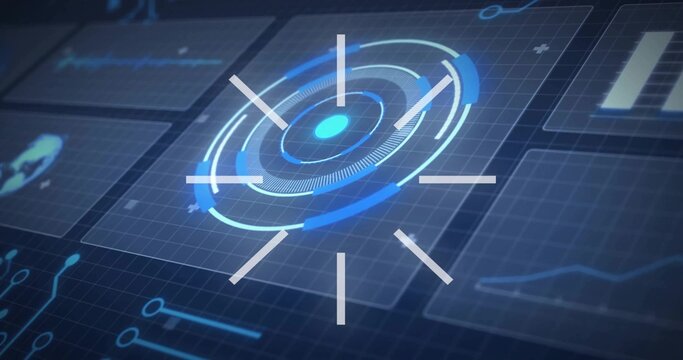 Dominating central circular holographic HUD glowing on tilted grid plane, showing graphs and map