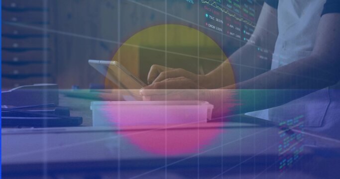 Scrolling male hands tapping smartphone at desk in workspace two-tone tee papers white case charts - Powered by Adobe