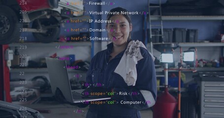 Holding open laptop, mechanic in coveralls with rag checking car on lift in garage, code overlay