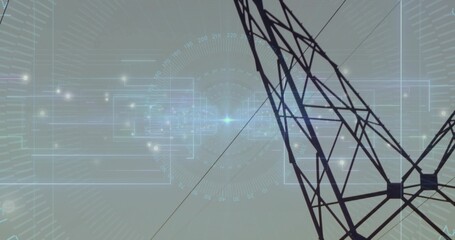 Towering steel lattice pylon spanning pale sky, showing HUD overlays, power lines, copy space