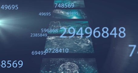 Floating pale-blue numeric string 29496848 anchoring data corridor, with panels and globe network