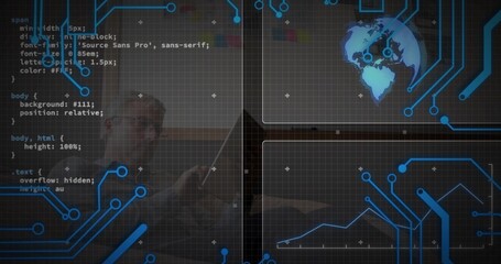 Working mid-adult man wearing dark top and glasses typing on laptop at dim workspace, code overlay