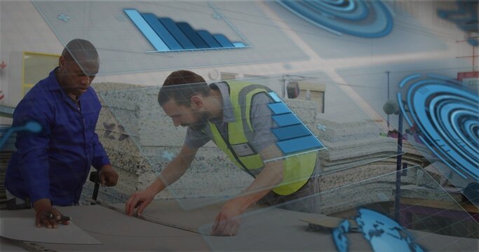 Measuring two men marking panels at shop bench wearing safety vest and blue jacket digital overlay - Powered by Adobe