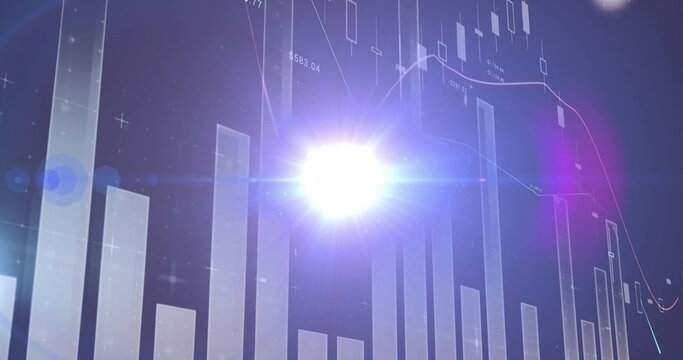 Displaying finance dashboard on dark gradient, glowing lens flare, 3D bars, candles, $583