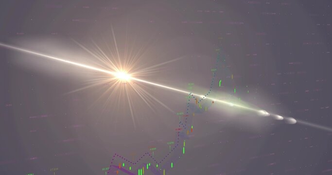 Sending starburst, diagonal ray across digital space, with green or red candles and purple dotted li