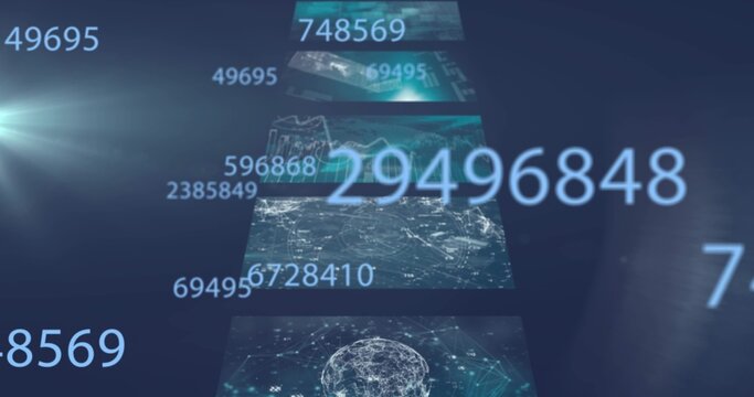 Floating pale-blue numeric string 29496848 anchoring data corridor, with panels and globe network
