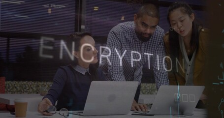 Analyzing three-person team in blazers working on encryption in meeting room with silver laptops