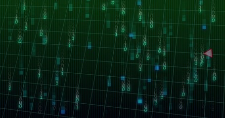 Streaming binary digits cascading over tilted grid in HUD, showing red pointer and blue squares