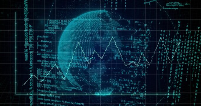 Displaying wireframe 3D globe over grid plane on digital dashboard, showing jagged line graph