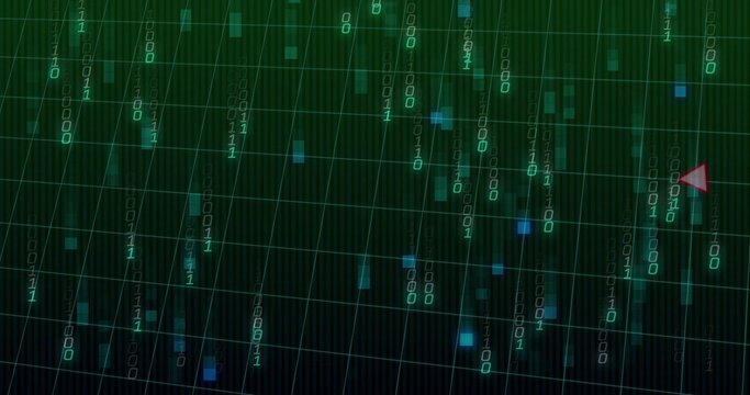 Streaming binary digits cascading over tilted grid in HUD, showing red pointer and blue squares
