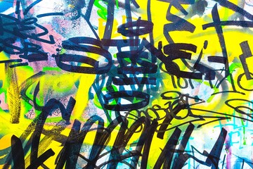 Dynamic graffiti overlay in neon yellow, blue, black. 90s urban style, vibrant street art, expressive lines. Posters, digital art, modern 90s creative banner, summer visuals.