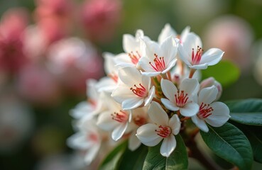 Fototapeta premium Cluster of white abelia grandiflora flowers blooms in summer garden. Green leaves and soft pink blurred background. Delicate petals and red stamen detail.