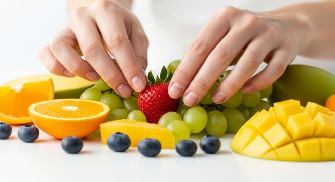 Preparing a colorful fruit arrangement with fresh strawberries and mangoes   - Powered by Adobe