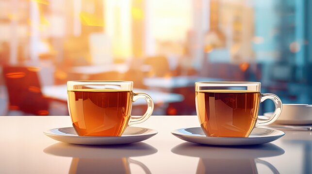 Background of two cups of coffee or tea on table in office against office background - Powered by Adobe