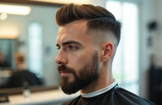 Man with beard gets haircut in barbershop. Professional barber cuts hair on head using scissors. Side part fade style, sharp lines. Stylish male grooming.