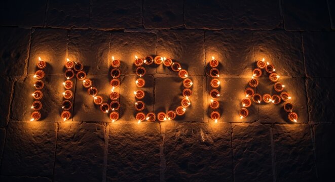 Diwali lamps forming the word India on dark background  