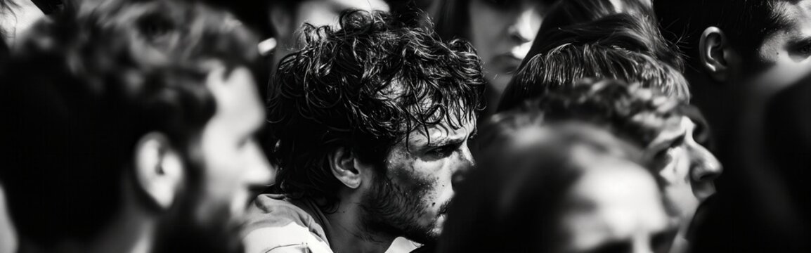 Gritty monochrome snapshot of a diverse crowd, emphasizing the individual faces and their absorbed expressions, a powerful visual narrative of collective human experience