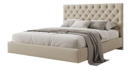Collection of a bed with a tufted headboard and white bedding against a black background real image, no blur, clear image, hd, full hd, photos, isolated white background