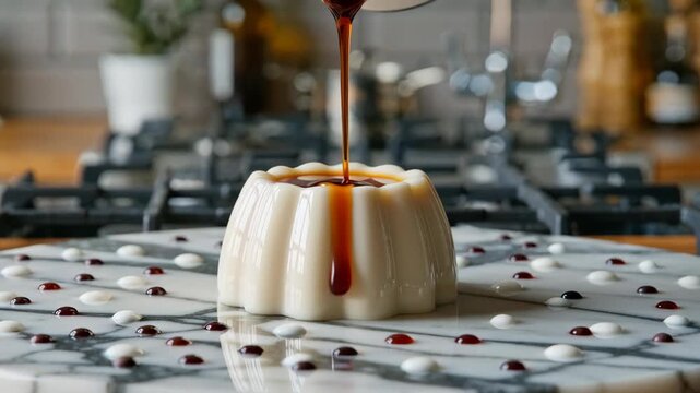 A beautifully plated dessert on a marble countertop, elegantly adorned with vibrant sauces around it
