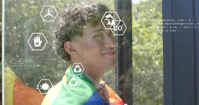 Man draping pride flag glass pod responding to data feed spawning hex icons measuring eco stats - Powered by Adobe