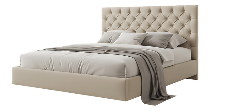 Collection of a bed with a tufted headboard and white bedding against a black background real image, no blur, clear image, hd, full hd, photos, isolated white background