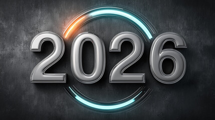 A futuristic 3D visualization of 2026 with glowing, dynamic circular elements in blue and orange. 2026 New Year. Progress, innovation, forward-looking thinking, marketing, and future technologies.   