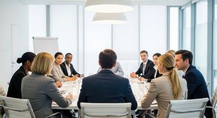 Diverse business team in a modern conference room during a corporate meeting. Professional group collaboration and discussion concept for corporate strategy.