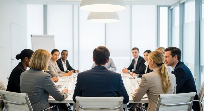 Diverse business team in a modern conference room during a corporate meeting. Professional group collaboration and discussion concept for corporate strategy.
