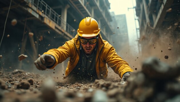 Construction worker in yellow jacket, hard hat, and goggles falls during site accident. Debris flies around man at ground level. He crawls away from falling rubble on dirt.