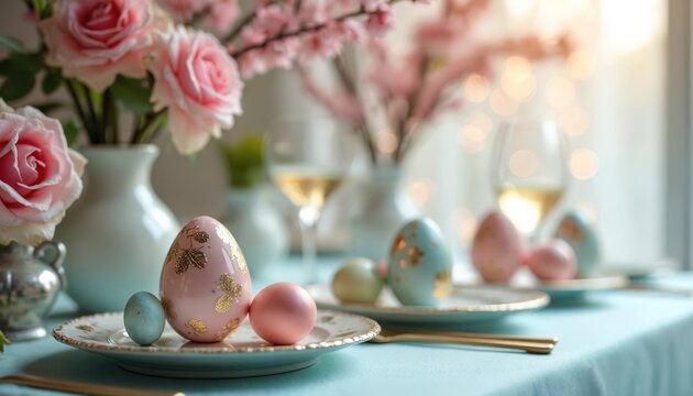 Elegant Easter table setup features decorative pastel eggs on plates with golden accents. Pink roses, cherry blossoms in vases adorn festive spring dining. Wine glasses, bokeh lights create joyful - Powered by Adobe