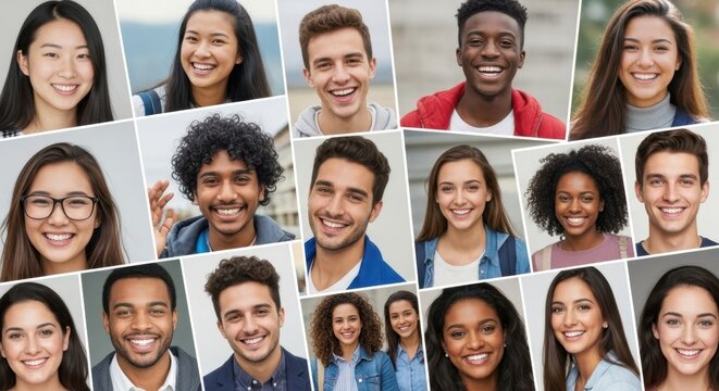 Diverse group of young people smiling in a collage. Happy men and women portraits representing unity and community. Global connection concept.